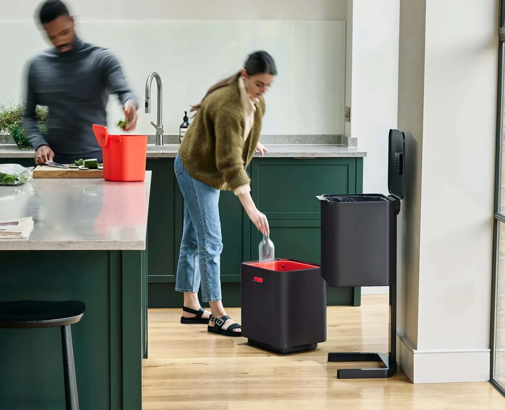 Joseph Joseph Totem Max 60L Waste & Recycling Trash Can Starter Set- Dual Compartment Trash Cans